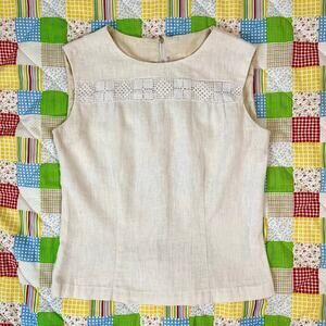 Vintage‎ 60s / 70s Cream Linen Blouse Crocheted // Size Small